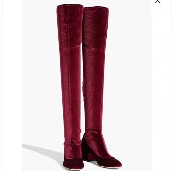 NWT Sergio Rossi Velvet Block Heel Over the Knee Boots Crimson Red 36.5 / US 5 - Picture 1 of 6